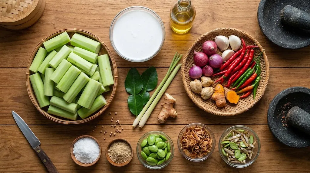 Bahan membuat sayur lodeh batang talas dengan bumbu santan. [AI Generated]