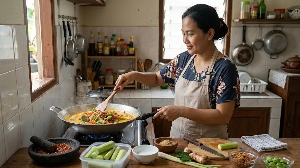Memasak sayur lodeh batang talas dengan bumbu santan. [AI Generated]