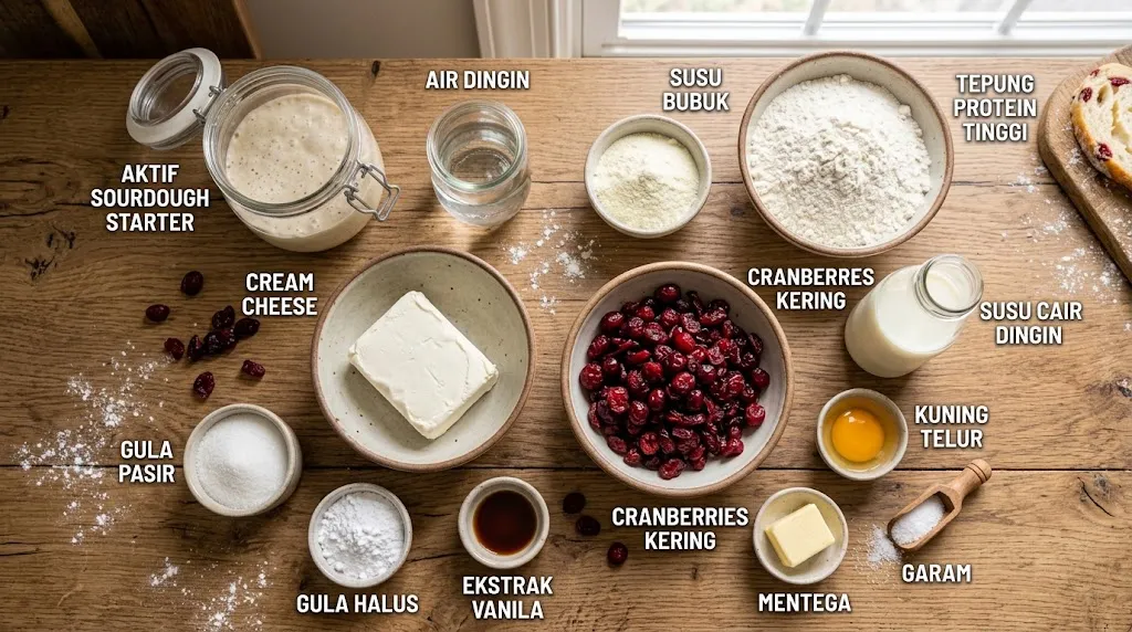 Bahan membuat soft sourdough cranberry cheese. [AI Generated]