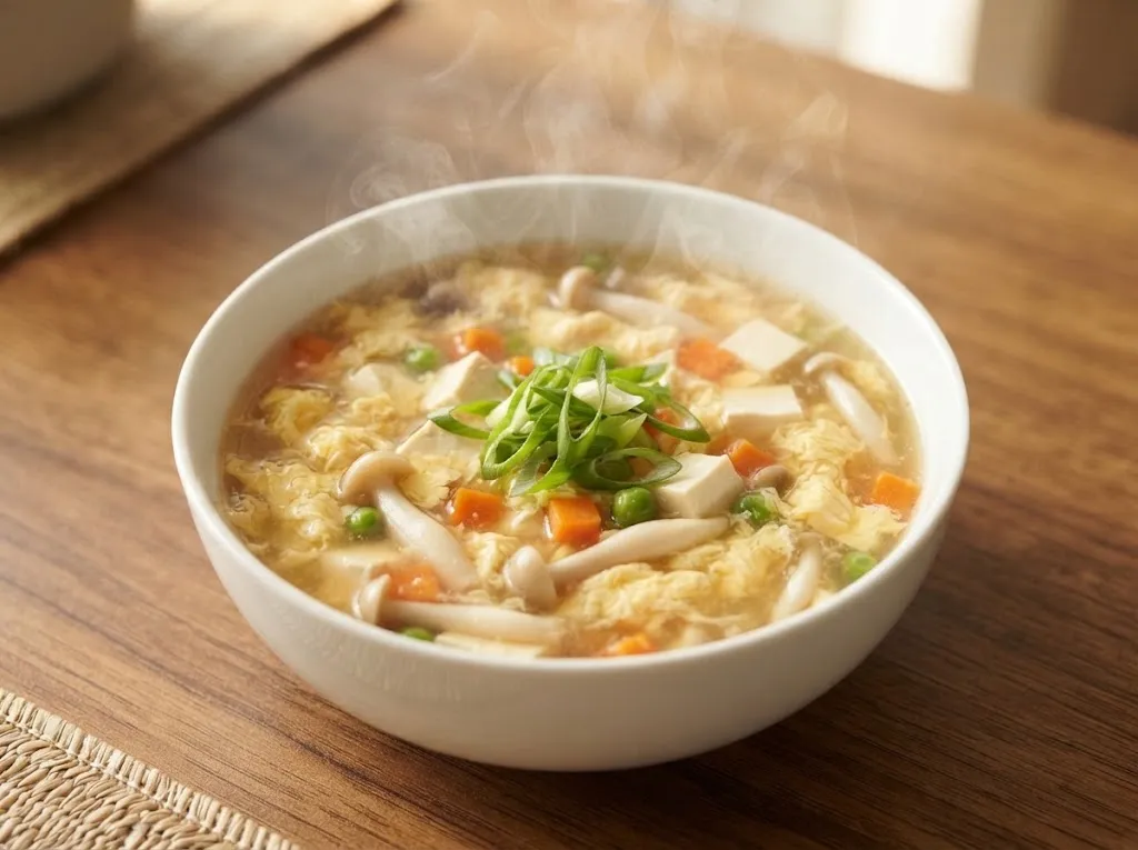 resep telur kuah bening tahu dan jamur (AI generated)