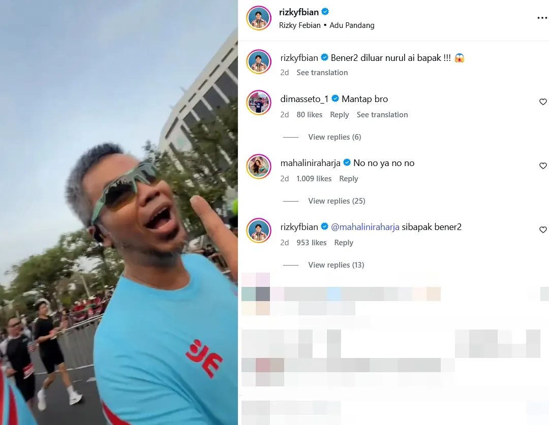 ジャカルタ・ランニング・フェスティバルを走るRizky Febianの投稿画面。Mahaliniの「No no ya no no」という返信も表示されている
