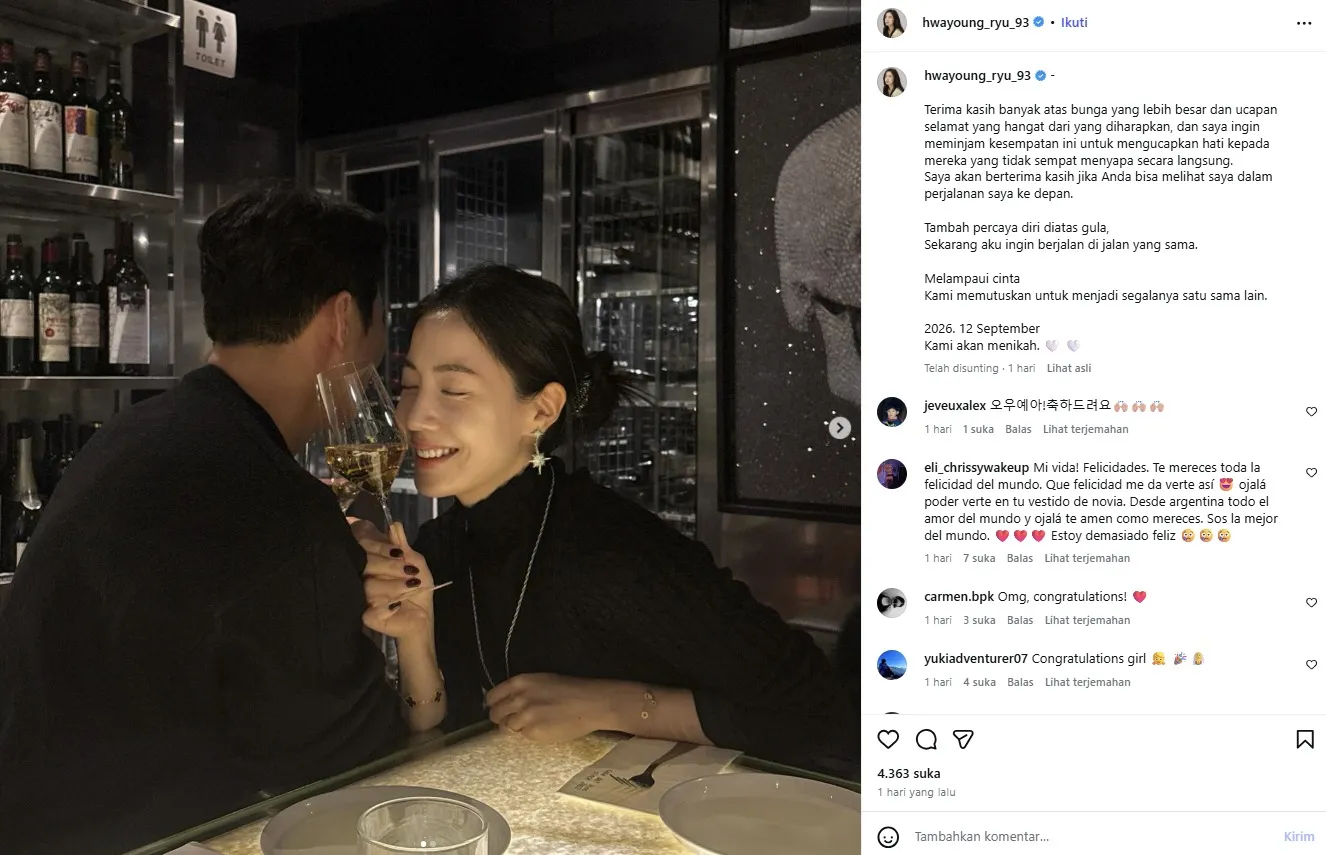 Kabar dibagikan langsung ke publik (credit:instagram.com/hwayoung_ryu_93)