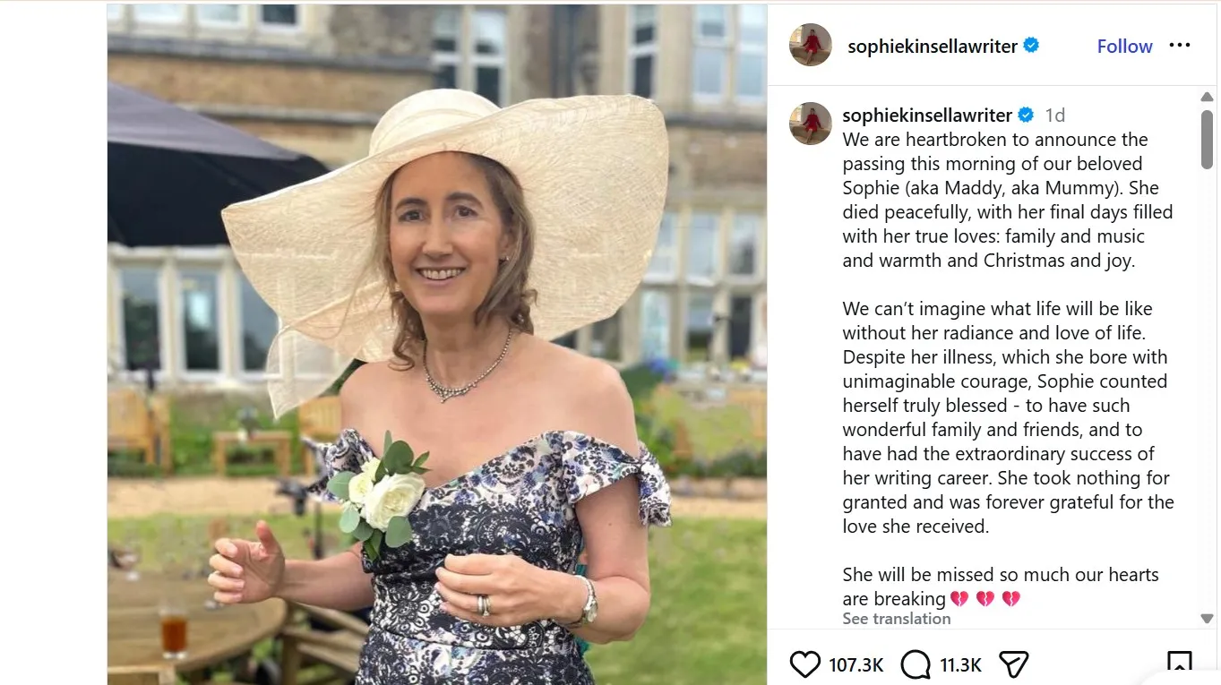 Penulis meninggal/Instagram/sophiekinsellawriter