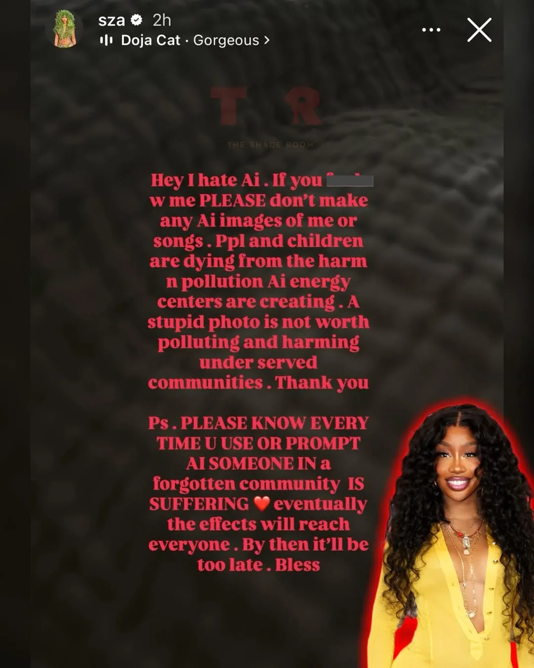 SZA Larang Keras Fans Gunakan Foto AI Bareng Dirinya (credit: instagram/theshaderoom)