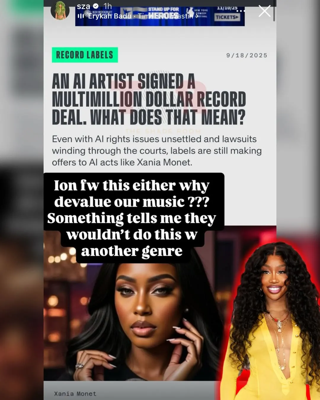 SZA Larang Keras Fans Gunakan Foto AI Bareng Dirinya (credit: instagram/theshaderoom)