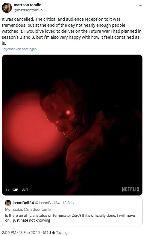 Netflix resmi batalkan Terminator Zero karena jumlah penonton (credit:x.com/mattsontomlin)