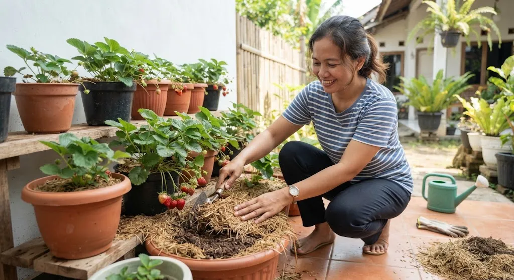 Tips Merawat Tanaman Stroberi di Musim Kemarau. (AI Generated)