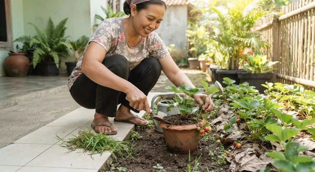 Tips Merawat Tanaman Stroberi di Musim Kemarau. (AI Generated)