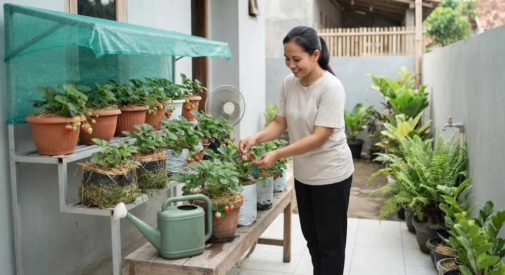Tips Merawat Tanaman Stroberi di Musim Kemarau. (AI Generated)
