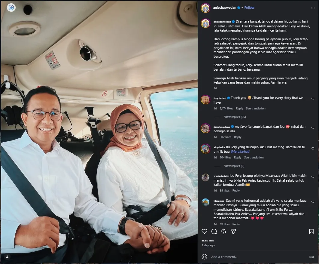 Anies Baswedan tulis ucapan ultah romantis untuk Fery Farhati (Credit: instagram.com/aniesbaswedan)