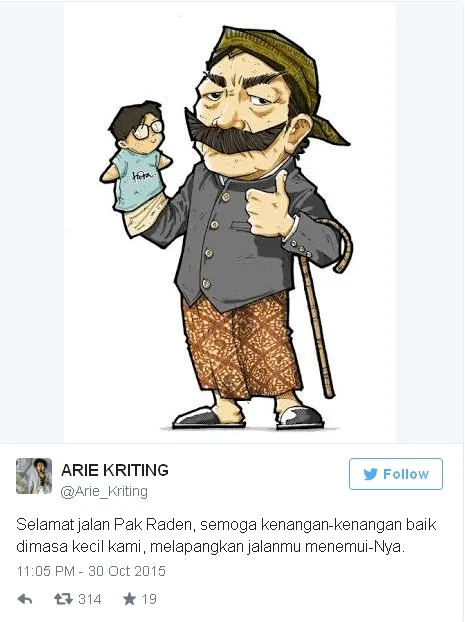 Ucapan belasungkawa Arie untuk Pak Raden © Twitter/Arie_Kriting