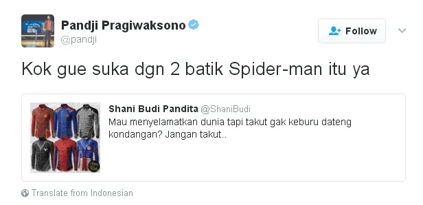 Tanggapan Panji Pragiwaksono atas desain Batik Superhero © twitter.com/pandji
