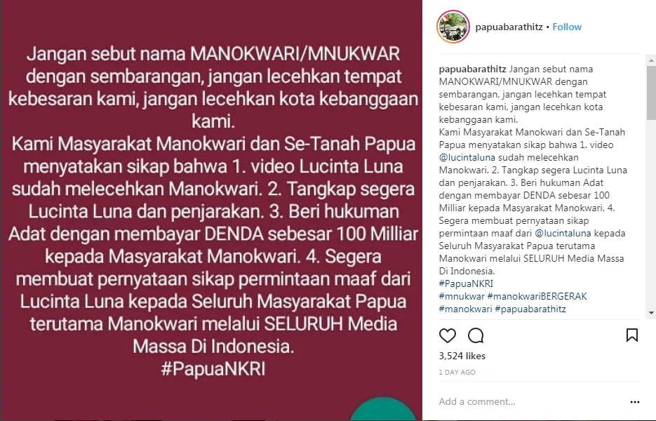 Surat terbuka masyarakat Papua untuk Lucinta dkk. © Instagram.com/papuabarathitz