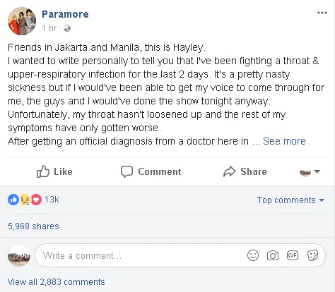 Konser paramore batal karena Hayley sedang sakit © Facebook.com/paramore