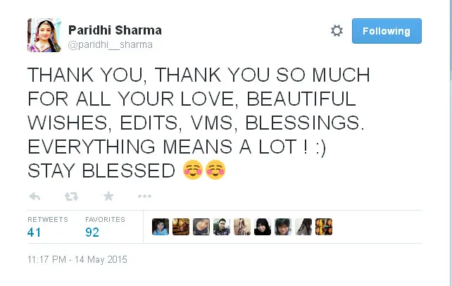Ini dia kicauan Paridhi yang berterima kasih pada fans tercintanya @twitter.com/paridhi_sharma