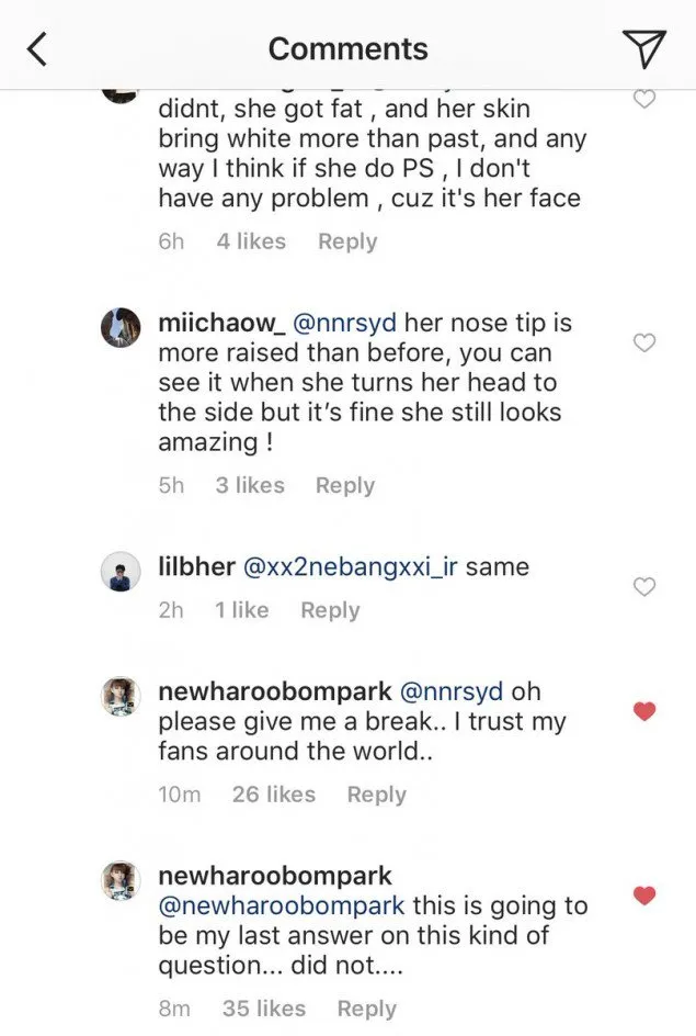 Park Bom balas komentar haters yang menuduhnya telah melakukan oplas lagi © instagram.com/newharoobompark