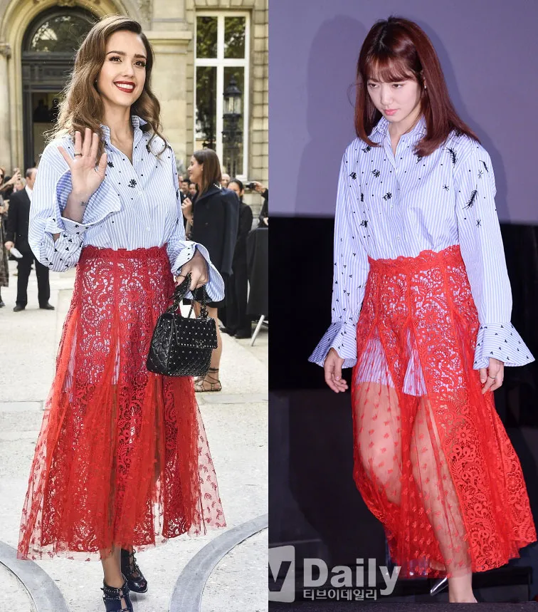 Pakaian Park Shin Hye ini tampak juga pernah dikenakan oleh Jessica Alba dalam Paris Fashion Week beberapa waktu lalu.