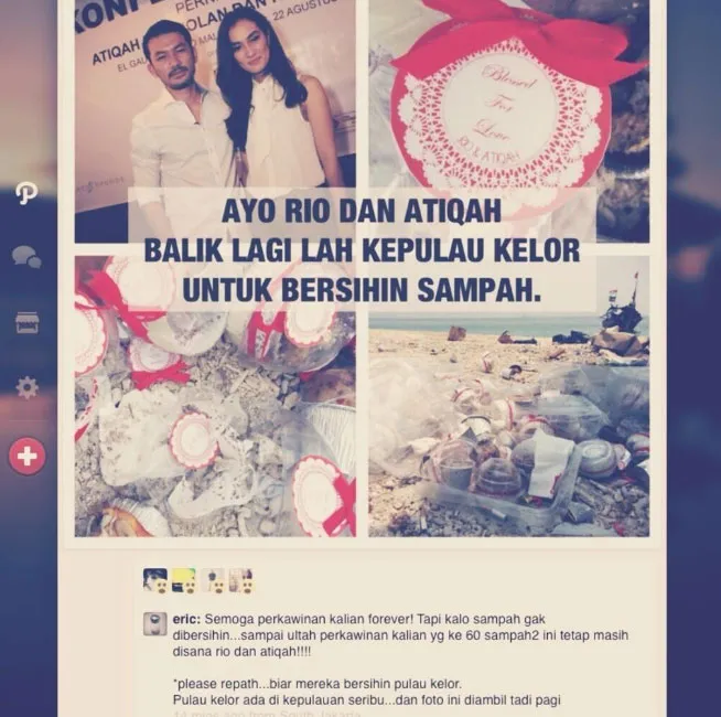 Imbauan bagi Atiqah dan Rio Dewanto untuk membersihkan sampah di Pulau Kelor Foto: Twitter Atiqah Hasiholan