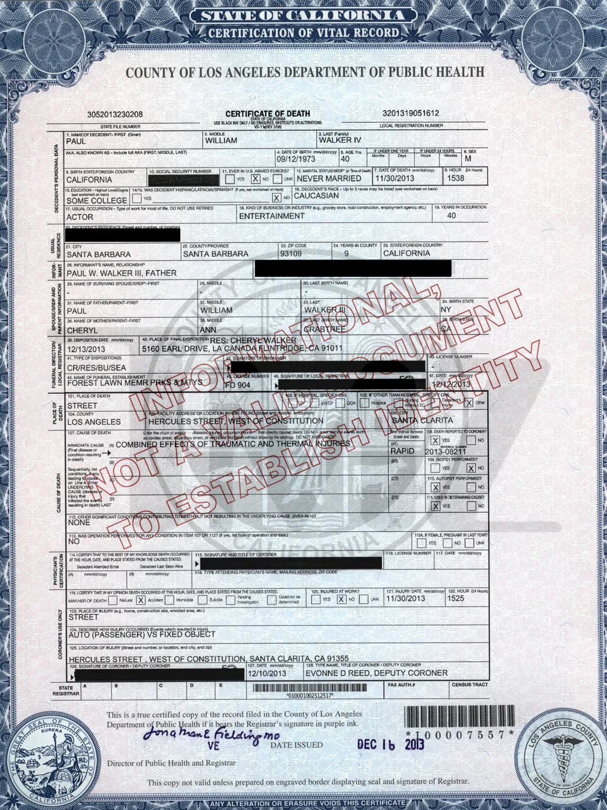 Surat Kematian Paul Walker @ tmz.com