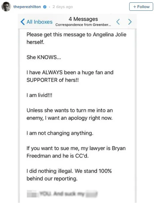 Perez Hilton unggah balasan email untuk pengacara Jolie © Instagram.com/perezhilton