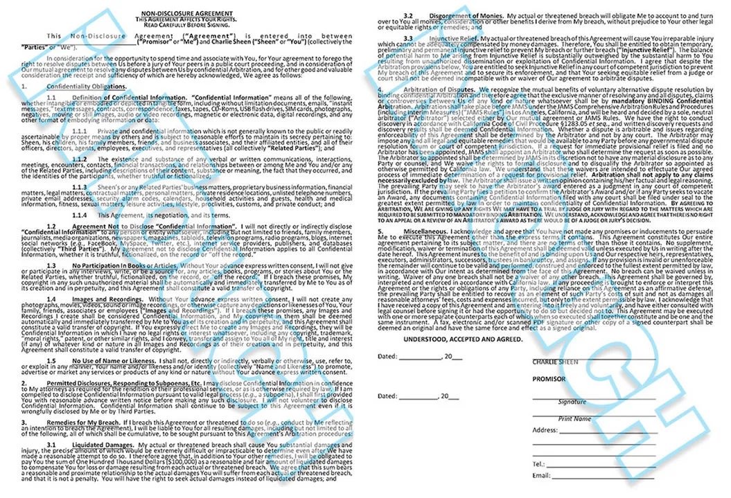 Pernyataan yang harus ditandatangani pasangan bercinta Charlie Sheen © InTouch