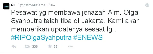 Pesawat yang membawa jenazah Olga Syahputra telah sampai di Jakarta. @Twitter/Net TV