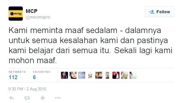 Ungkapan permintaan maaf pihak Mecima Pro di Twitter. ©credit as tagged
