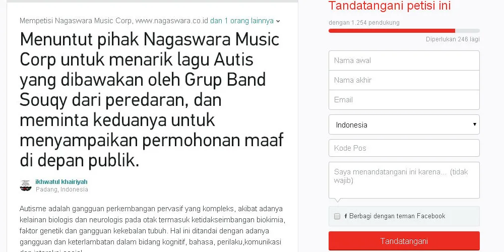 Petisi penarikan lagu Autis. ©change.org