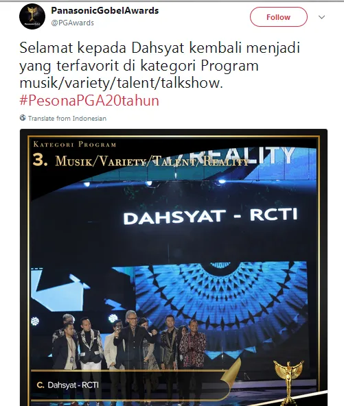 Dahsyat menangi 'Program Musik/Variety Show' © Twitter
