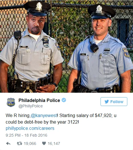Tweet guyonan untuk Kanye © Twitter/PhillyPolice