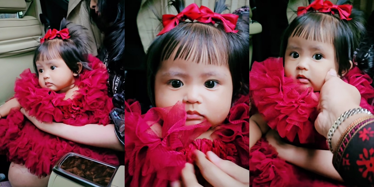 10 Portraits of Dek Cunda, Denny Caknan and Bella Bonita's Child, Attending a Wedding, Cute Like a Doll Wearing a Red Dress