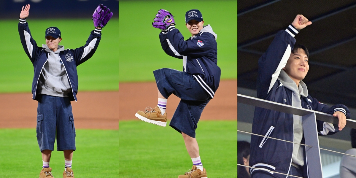 10 Photos of J-Hope BTS Throwing the First Pitch at a Baseball Game, Wearing Purple Gloves - Dancing 'APT' in the Stands