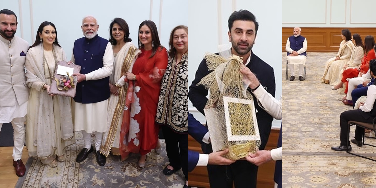 100 Years of the Late Raj Kapoor, Portrait of Kareena Kapoor and Family Receiving Award from PM Narendra Modi