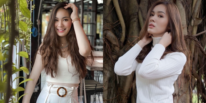 6 Portraits of Jennifer Eve, Star of the Soap Opera 'NALURI HATI' Wearing an All-White Outfit, Showing a Sweet Smile and Beautiful Hair