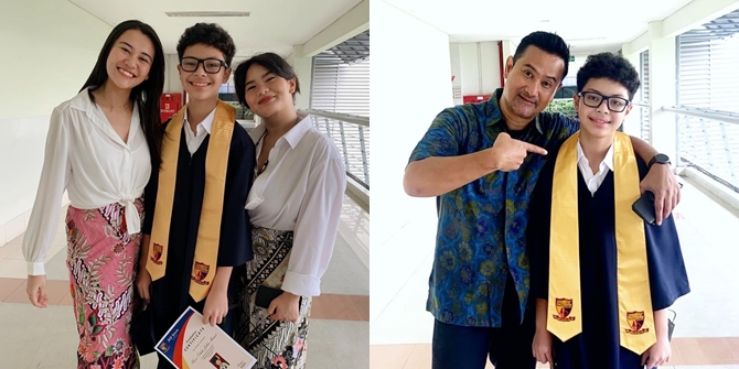 6 Portraits of Keanu Massaid, the Son of the Late Adjie Massaid, During Elementary School Graduation, Accompanied by Zahwa and Aaliyah - Getting Handsome and Wearing Glasses