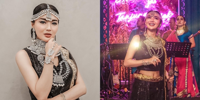 6 Portraits of Wika Salim Looking Different Like an Indian Doll, Beautifully Wrapped in Shiny Black Sari - Showing Flat Stomach and Glowing Skin