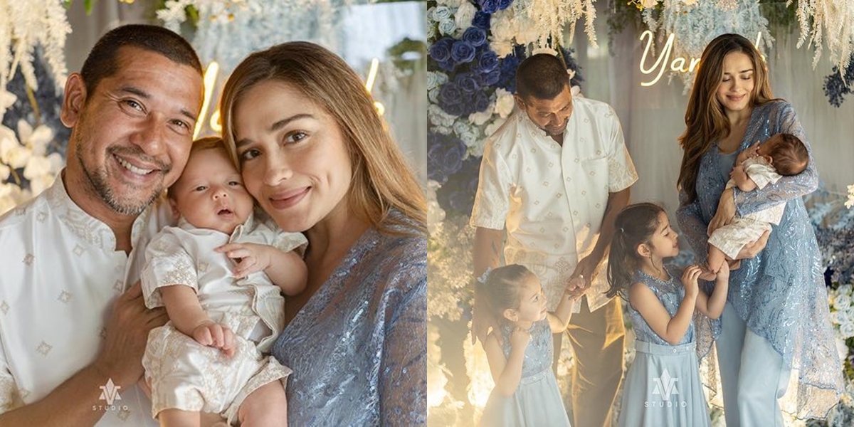 8 Portraits of Yasmine Wildblood's Third Child's Aqiqah Event, Adorned with Family Happiness and Blue-White Flower Decorations