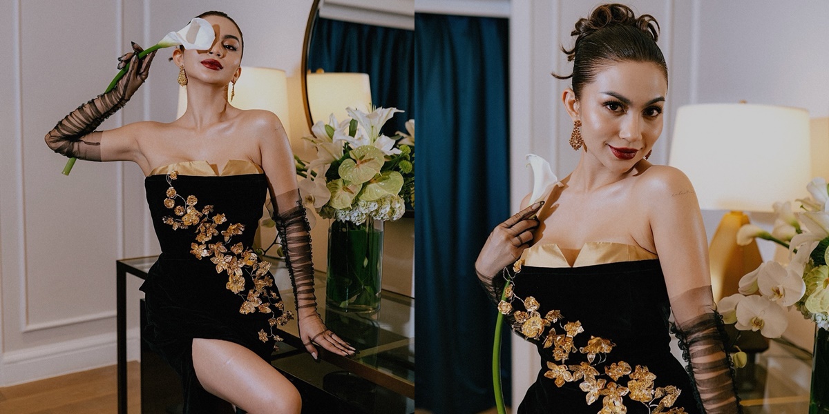 8 Portraits of Ariel Tatum in a Black Dress Adorned with Golden Flowers, Showcasing Her Long Legs Flooded with Beautiful Praise