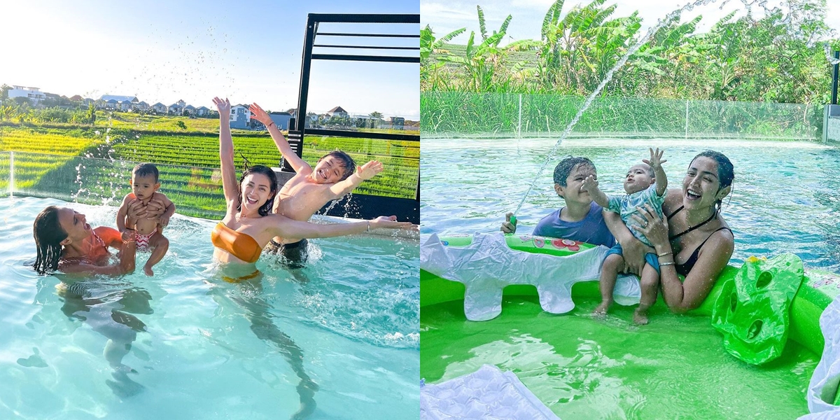 8 Portraits of Jessica Iskandar Swimming with Her Children in Her Exciting Swimming Pool at Home, Surrounded by Beautiful Rice Field Views