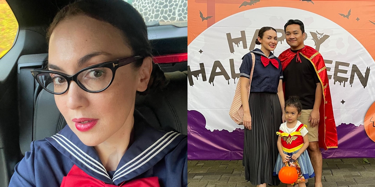 8 Portraits of Rianti Cartwright and Family Celebrating Halloween, Wearing Japanese School Uniform Costumes