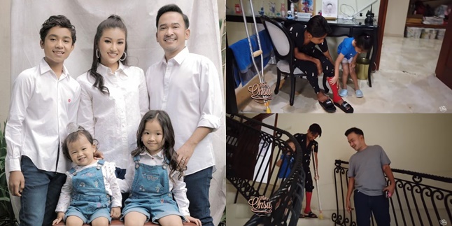 9 Adorable Moments of Thalia and Thania, Ruben Onsu's Children, Taking Care of Betrand Peto Who Has Sprained His Leg, Massaging His Foot and Helping Him Walk