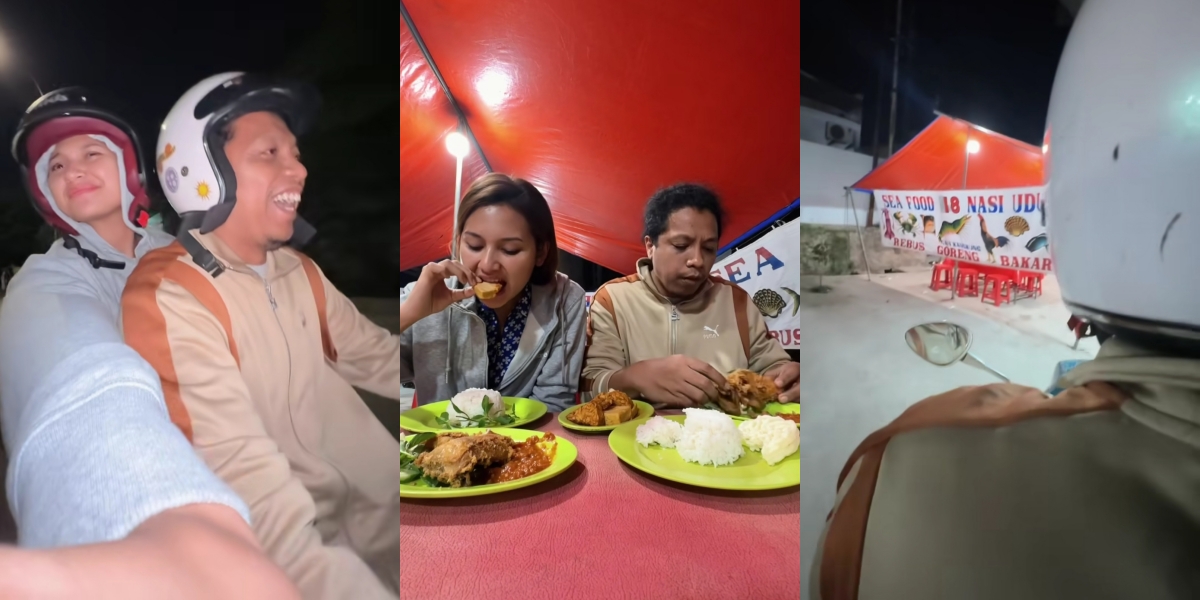 Happy in Simplicity, 10 Portraits of Arie Kriting and Indah Permatasari Eating Chicken Pecel at a Tent Stall - Romantic Ride on a Vespa