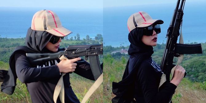 Hot Mom Bella Shofie Practicing Shooting at the Top of the Mountain, Wearing Branded OOTD