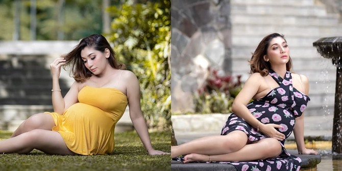 Photo Maternity Shoot Baby Margaretha, Super Hot in a Mini Dress by the Pool and Lying on the Grass