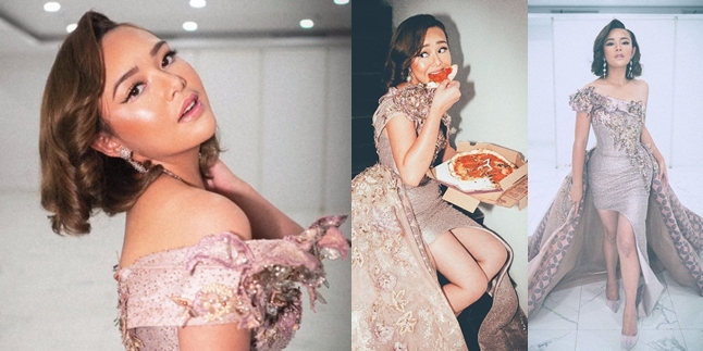 Beautiful Portraits of Amanda Manopo Wearing a High Slit Dress, Showing off Her Slim Waist - Enjoying Pizza