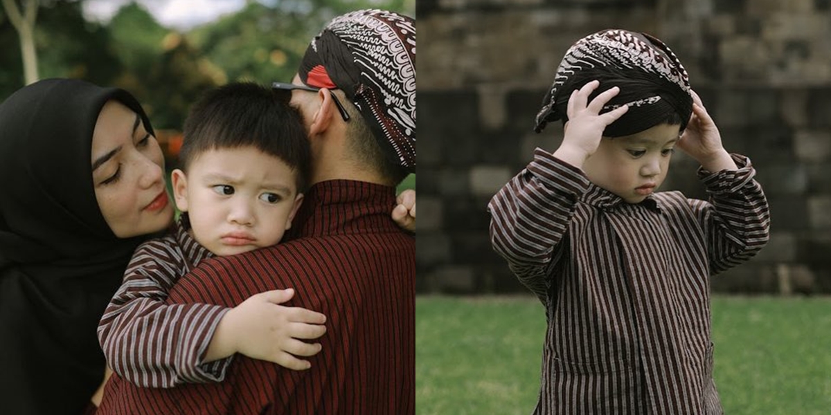 Portrait of Baby Athar, Child of Citra Kirana and Rezky Aditya at Borobudur Temple, Making Cute Faces Because of Exhaustion