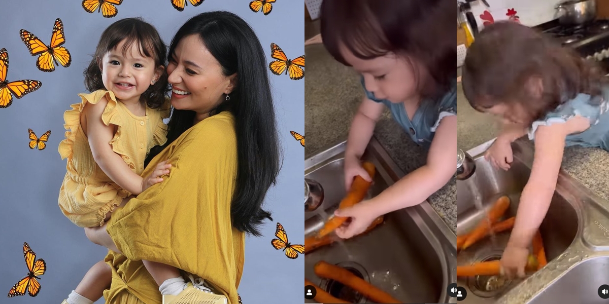 Portrait of Baby Chloe Helping Mama Asmirandah Cook, Cute and Very Smart - Washing Carrots Until Her Eyes Get Wet