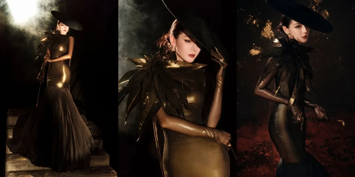Beautiful Portrait of Dilraba Dilmurat at the W China Annual Gala 2025, Dramatically Wearing a Gold Dress