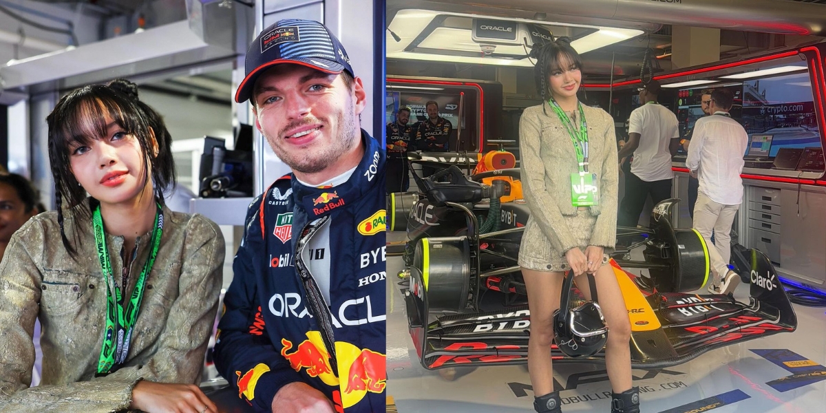 Beautiful Portrait of Lisa BLACKPINK at F1 Miami Grand Prix, Waving the Chequered Flag - Photo with Max Verstappen