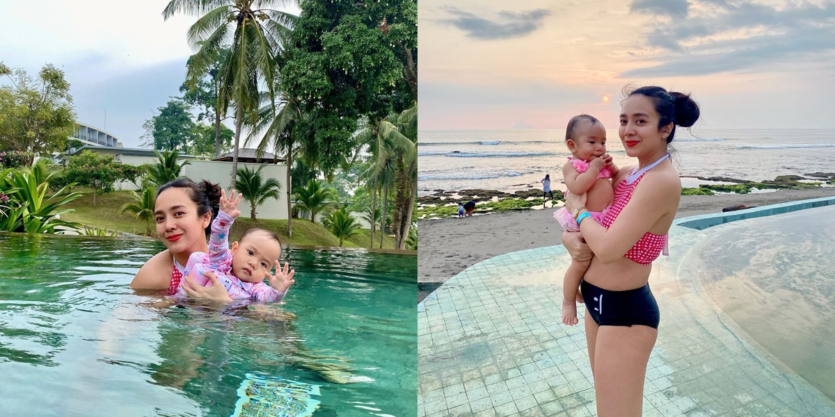 Portrait of Dea Ananda and Her Child Wearing Swimsuits on Vacation,  Postpartum Slim Body Becomes the